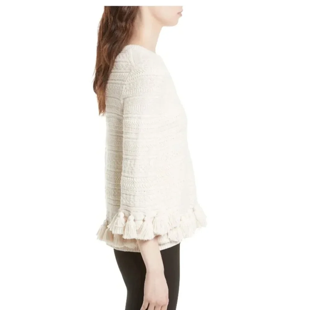 Kate Spade Womens Medium Beige Cotton Chunky Knit Sweater Pompom Hem Crewneck